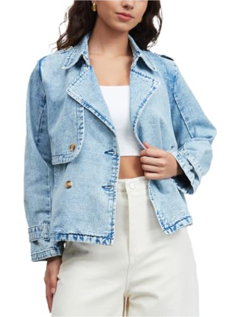 Women Oversized Double Breasted Denim Jacket Long Sleeve Jean Trench Coat